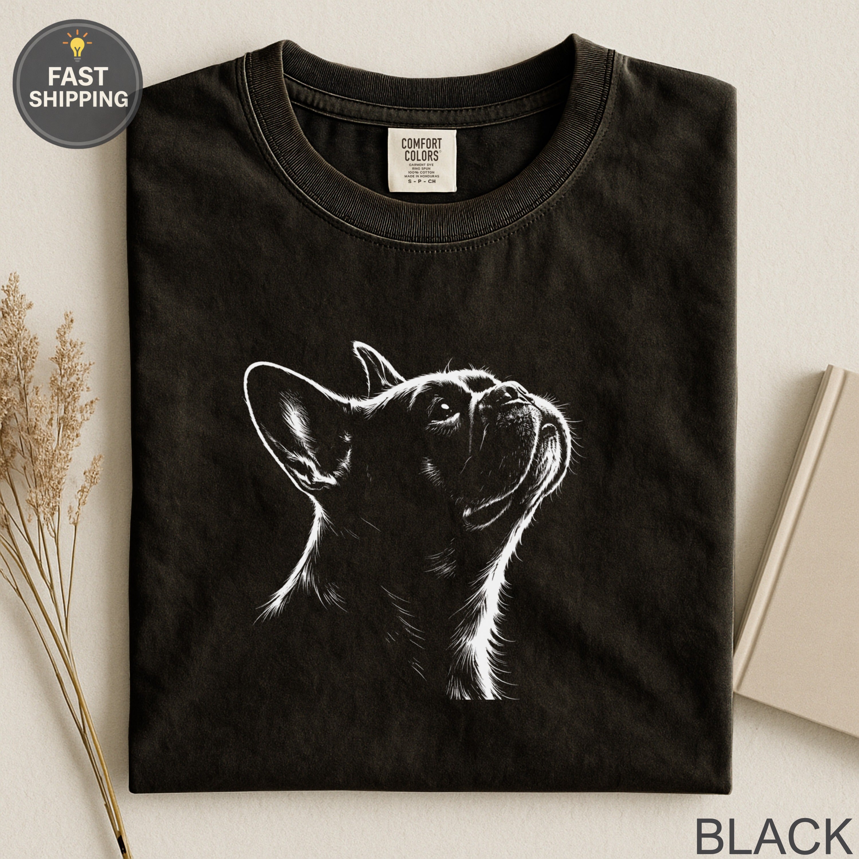 Black Comfort Colors t-shirt with white French bulldog sketch and "FAST SHIPPING".