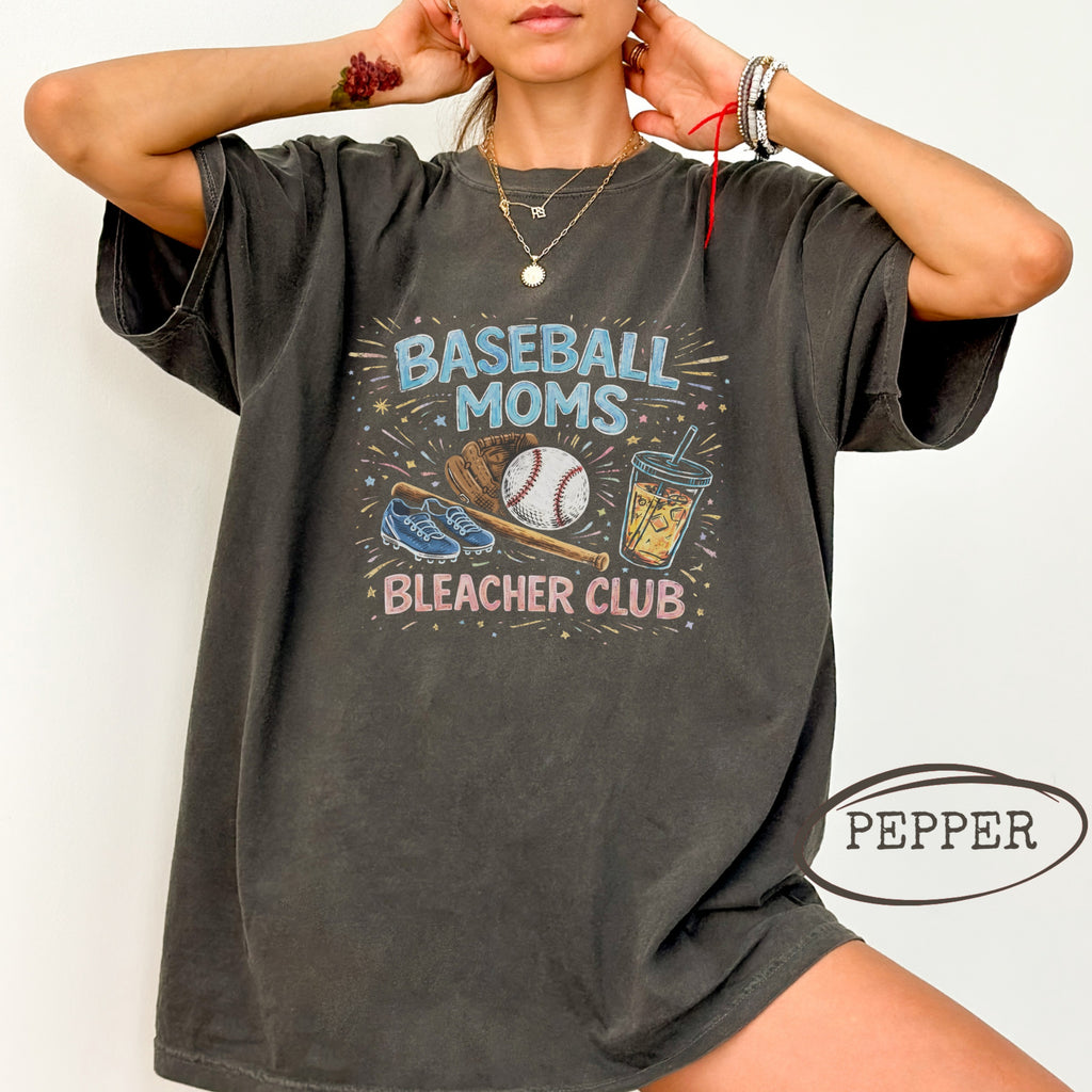 Dark gray t-shirt with "Baseball Moms Bleacher Club" text and baseball graphics.