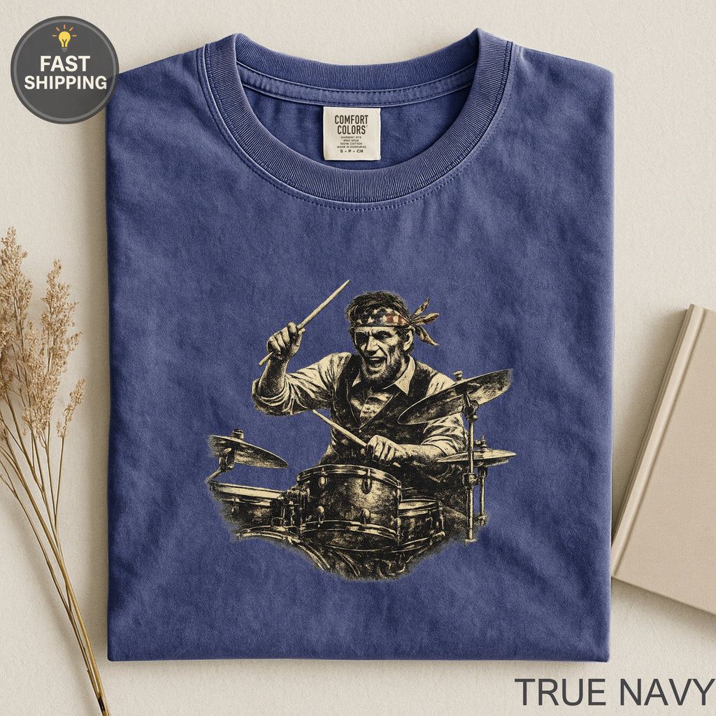 Navy blue t-shirt with graphic of a drummer, text "TRUE NAVY".
