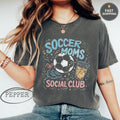"Soccer Moms Social Club" graphic tee with soccer ball, drink, and sparkles.