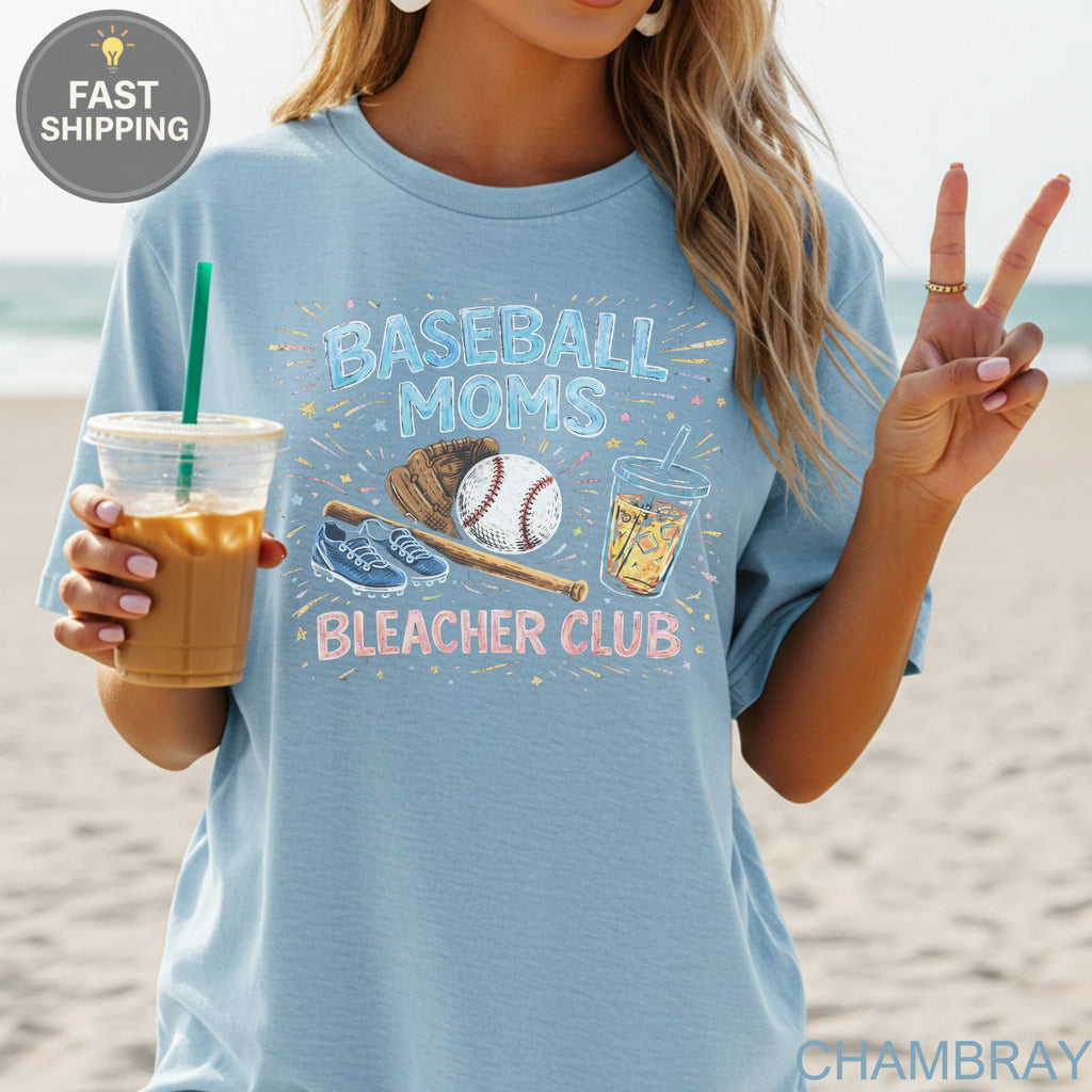 Light blue t-shirt with "Baseball Moms Bleacher Club" text and baseball graphics.