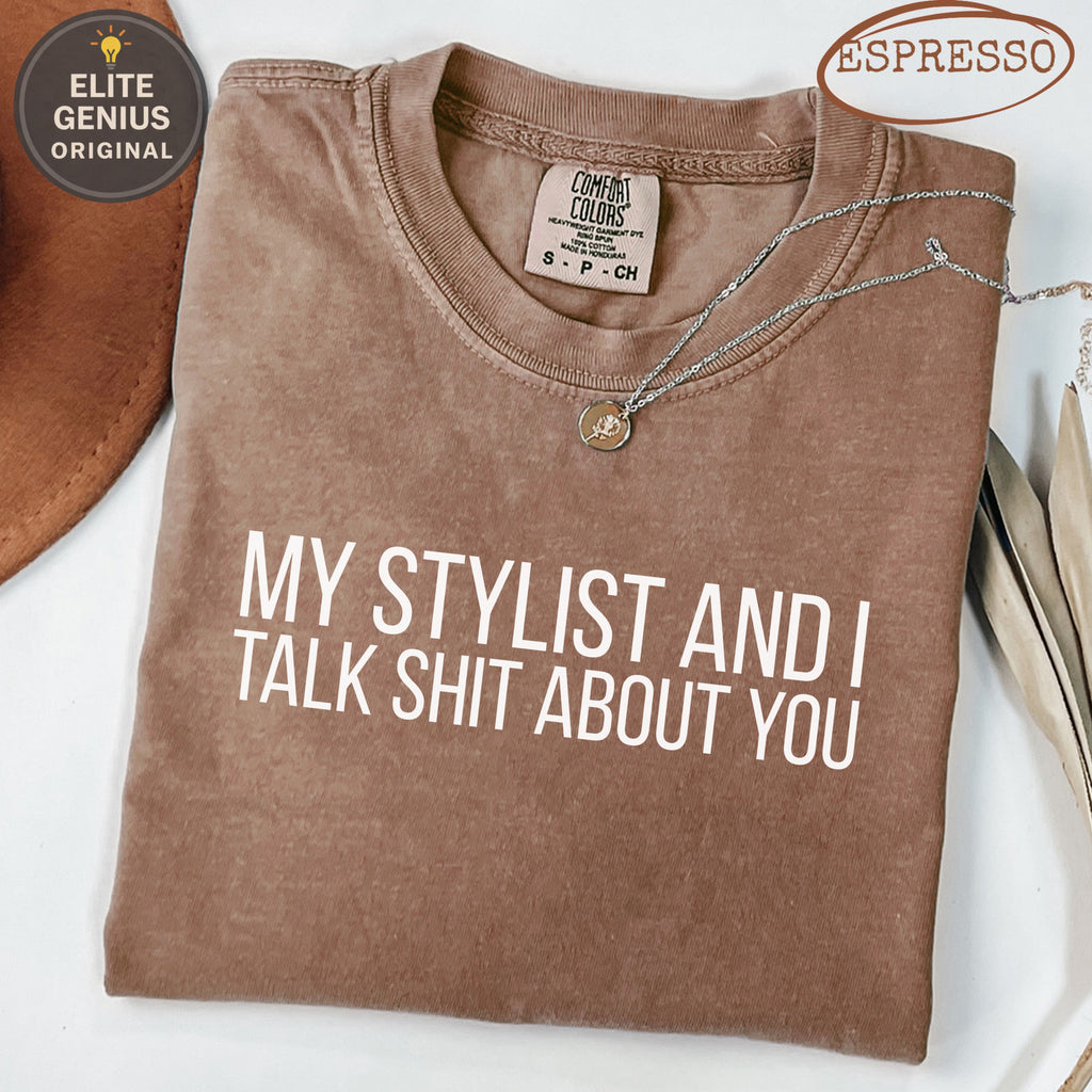 Brown t-shirt with "My Stylist and I Talk Shit About You" graphic.