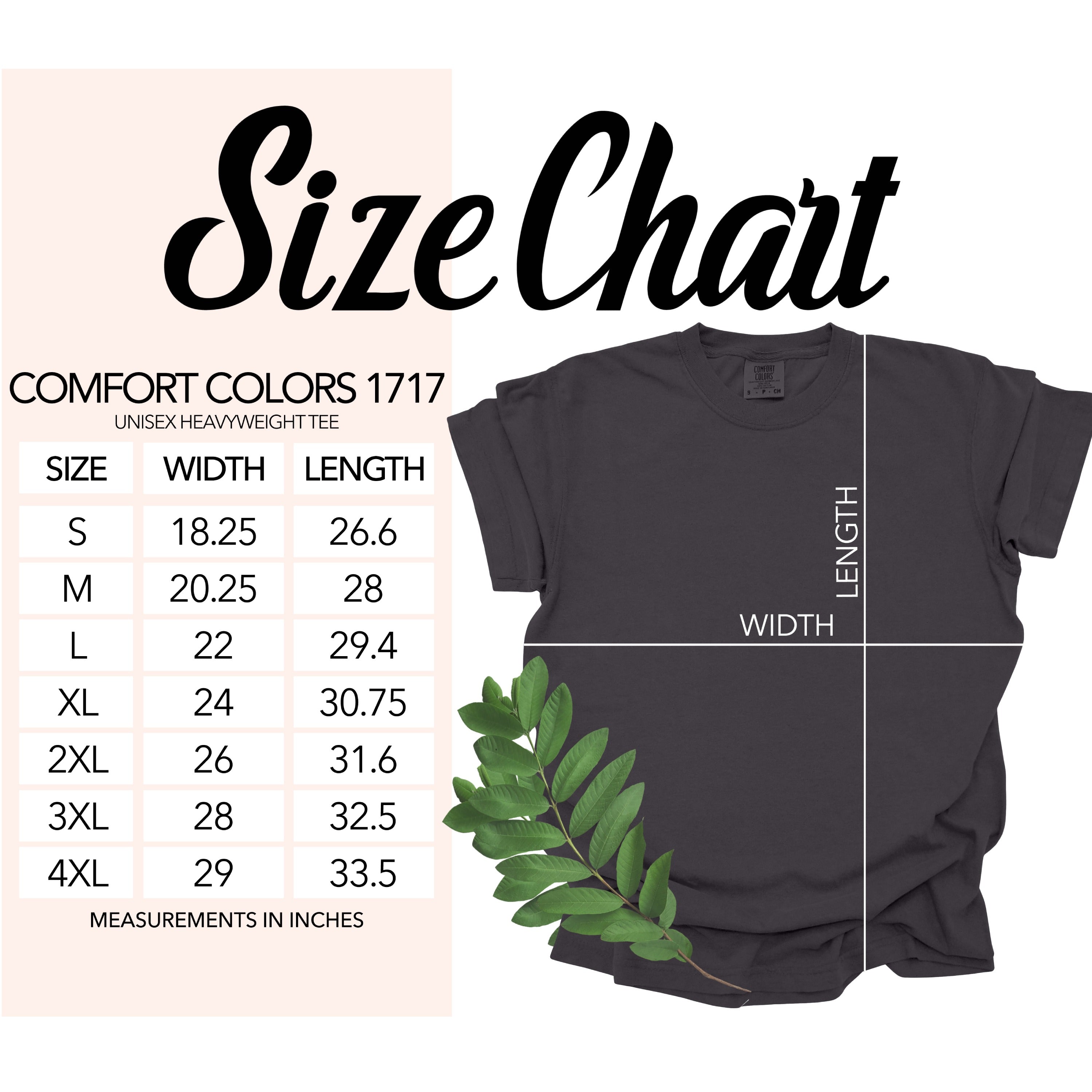 Comfort Colors 1717 unisex heavyweight tee size chart with measurements in inches.