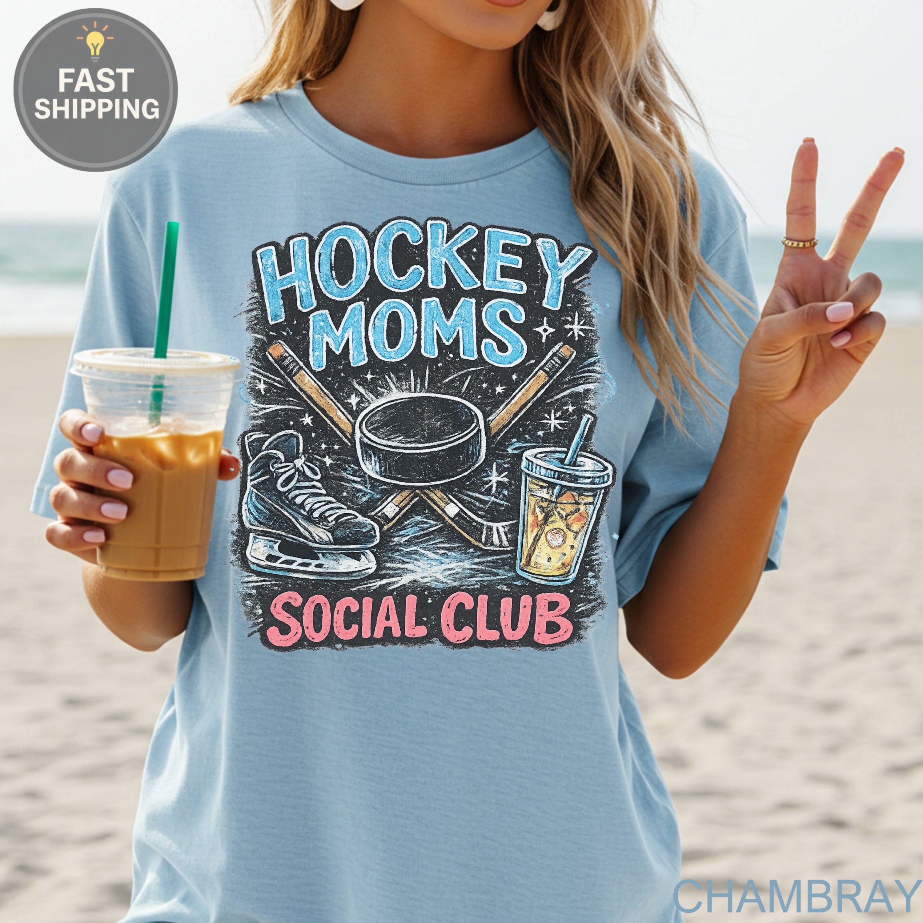 Hockey Moms Social Club graphic with skates, puck, and drinks.