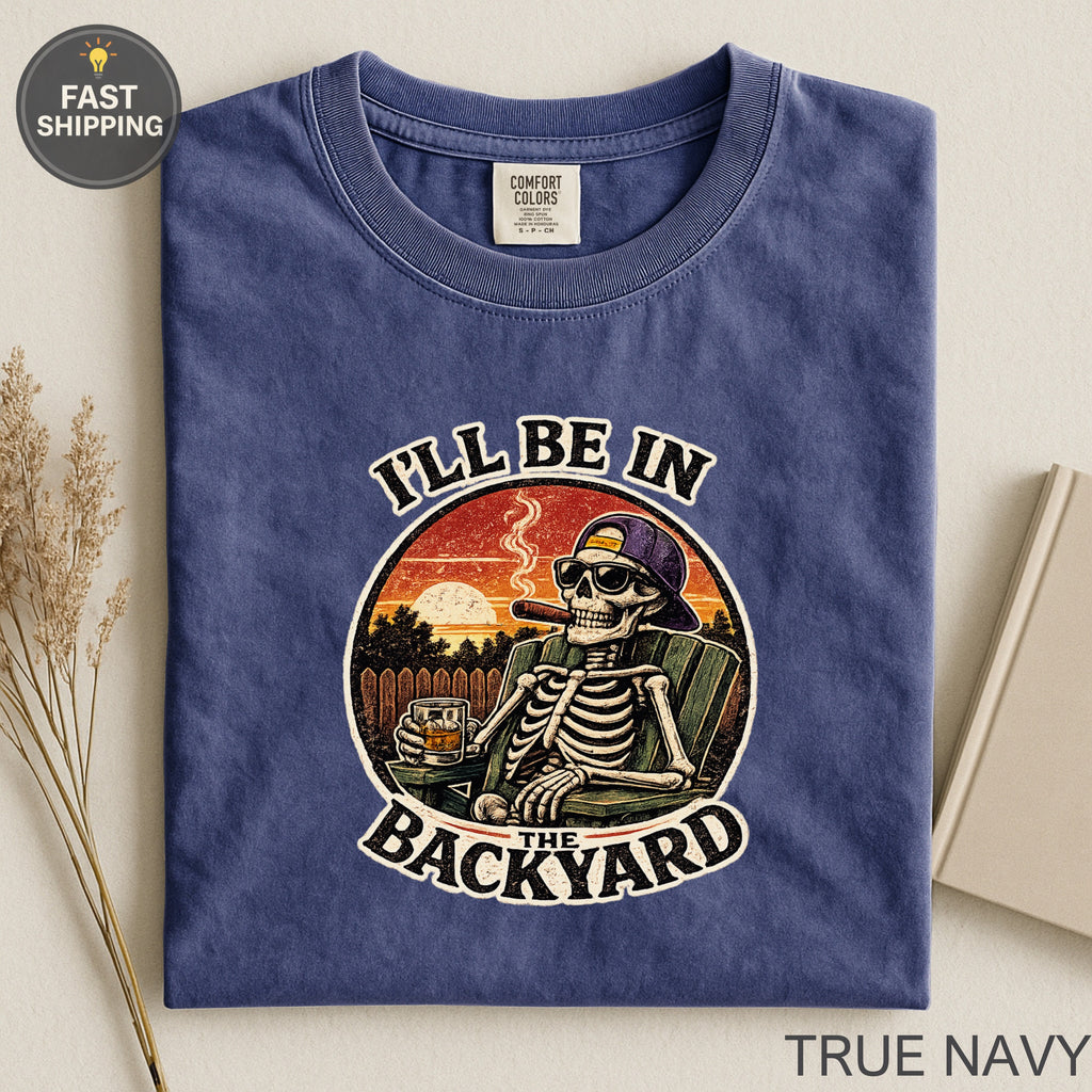 Skeleton wearing sunglasses smoking cigar in backyard graphic tee, True Navy.