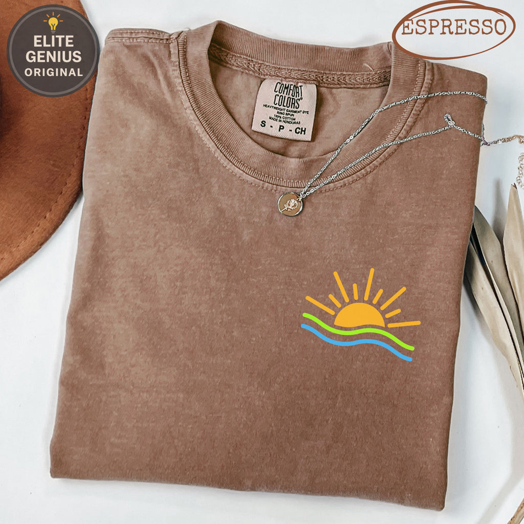 Brown t-shirt with sun and waves graphic, "Comfort Colors" and "Espresso" text.