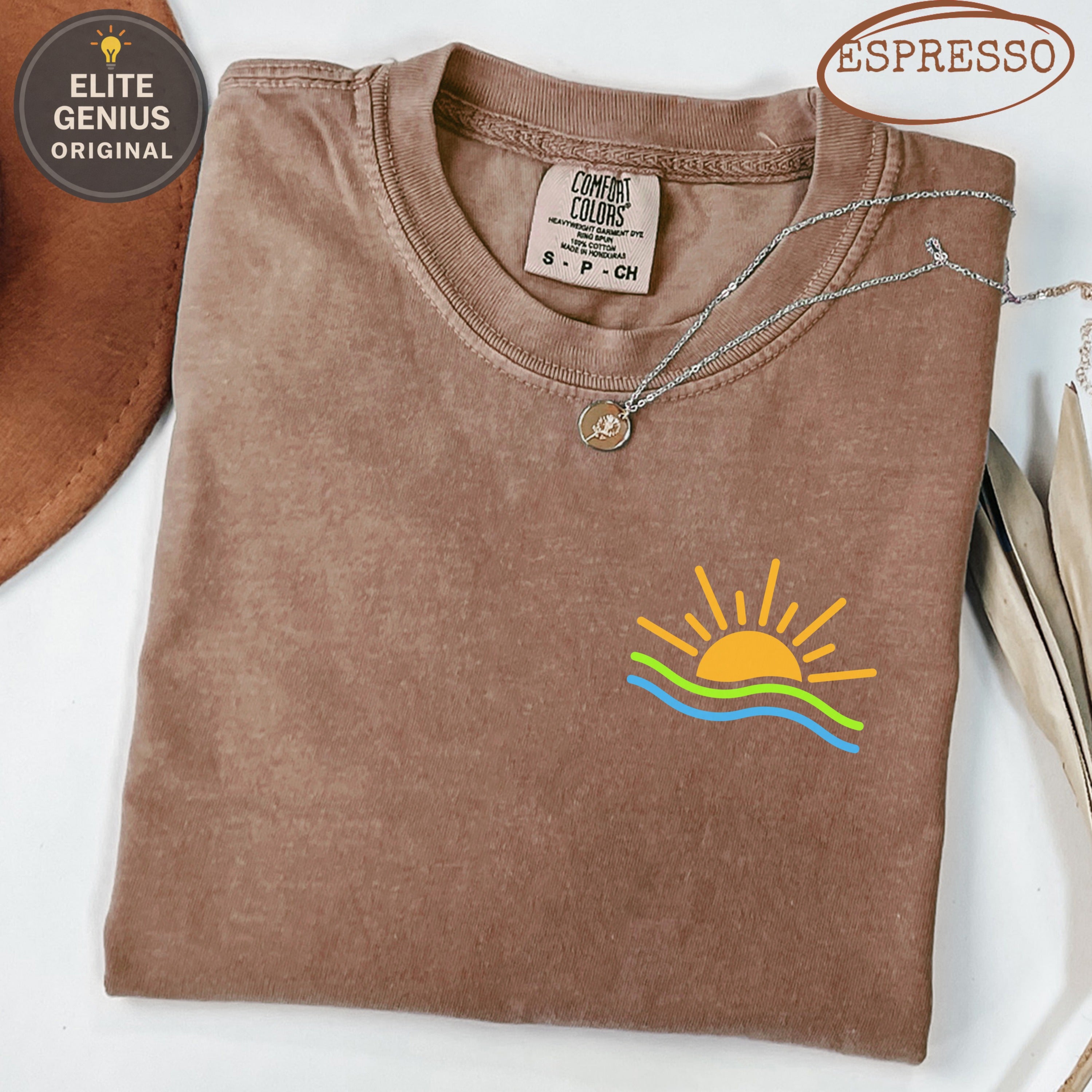 Brown t-shirt with sun and waves graphic, "Comfort Colors" and "Espresso" text.