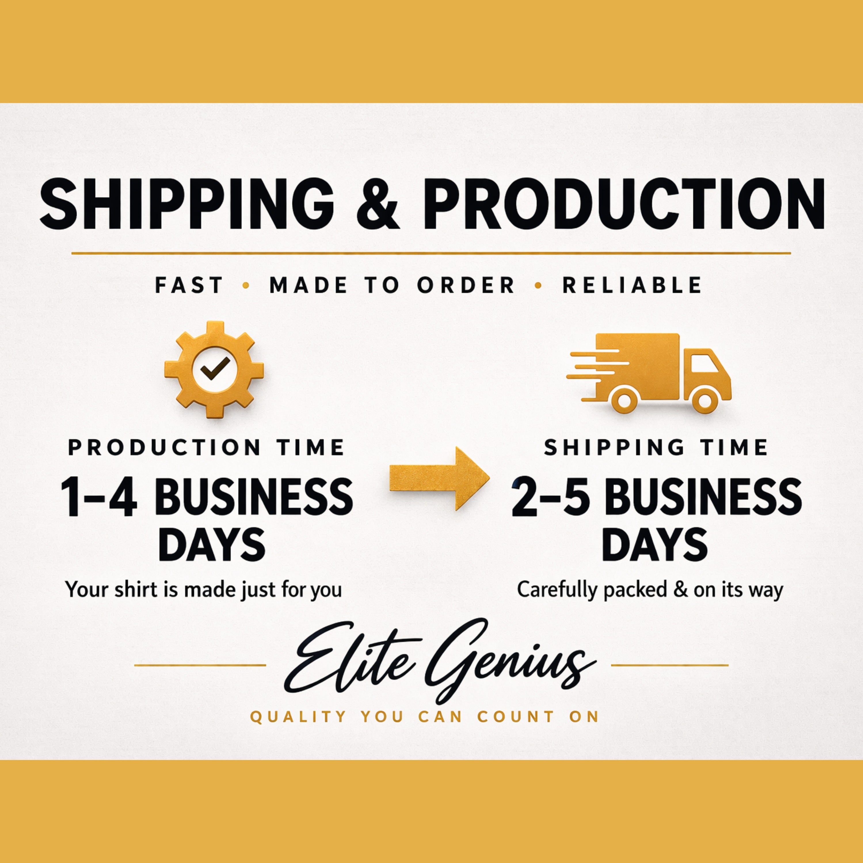 Shipping and production times for Elite Genius shirts: 1-4 days production, 2-5 days shipping.