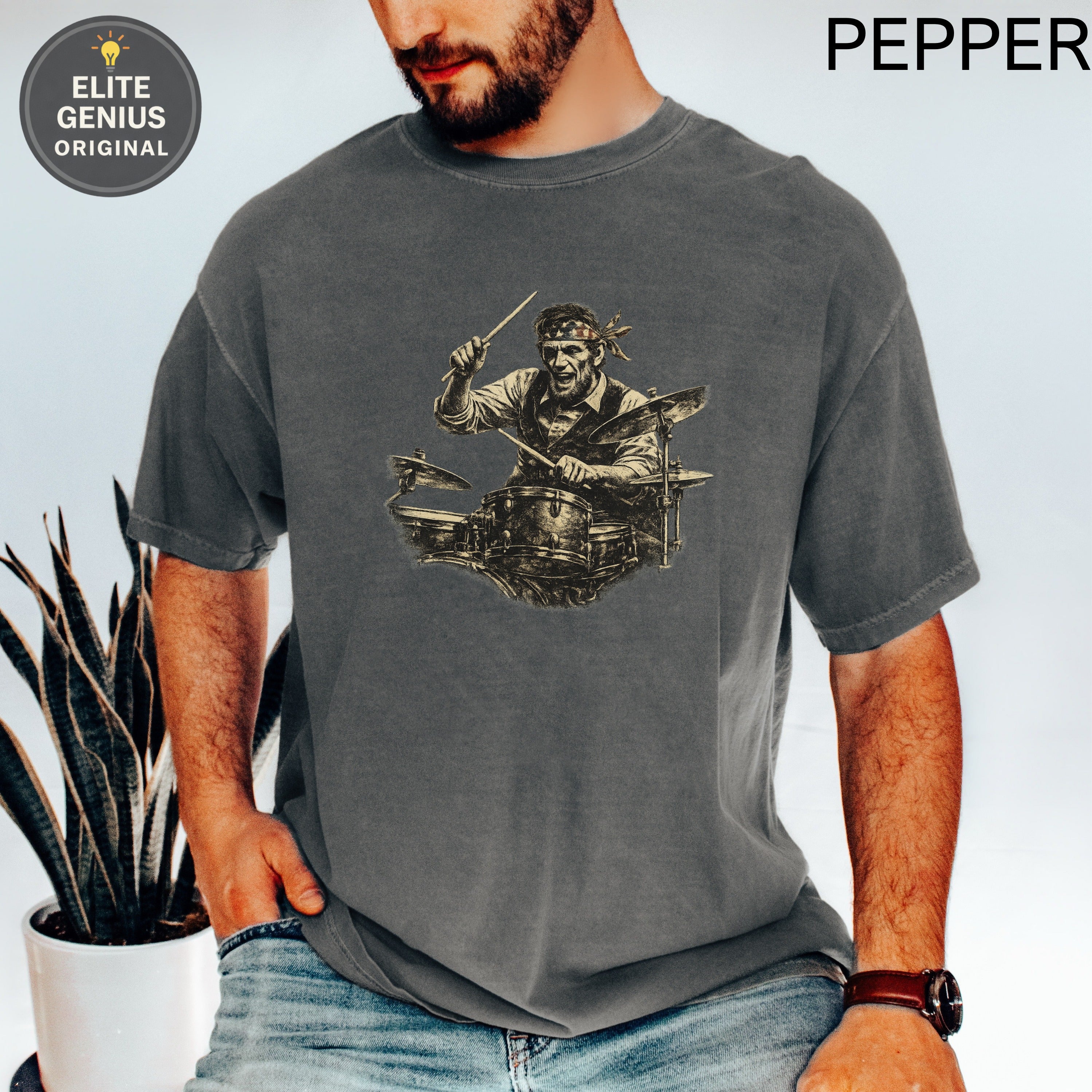 T-shirt with vintage drawing of a drummer playing drums.