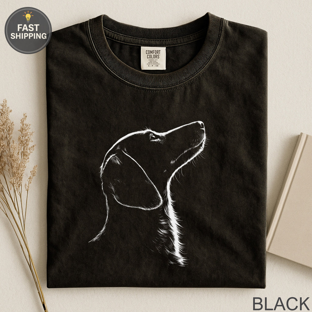 Black t-shirt with white outline sketch of a dog's profile, "Fast Shipping" visible.