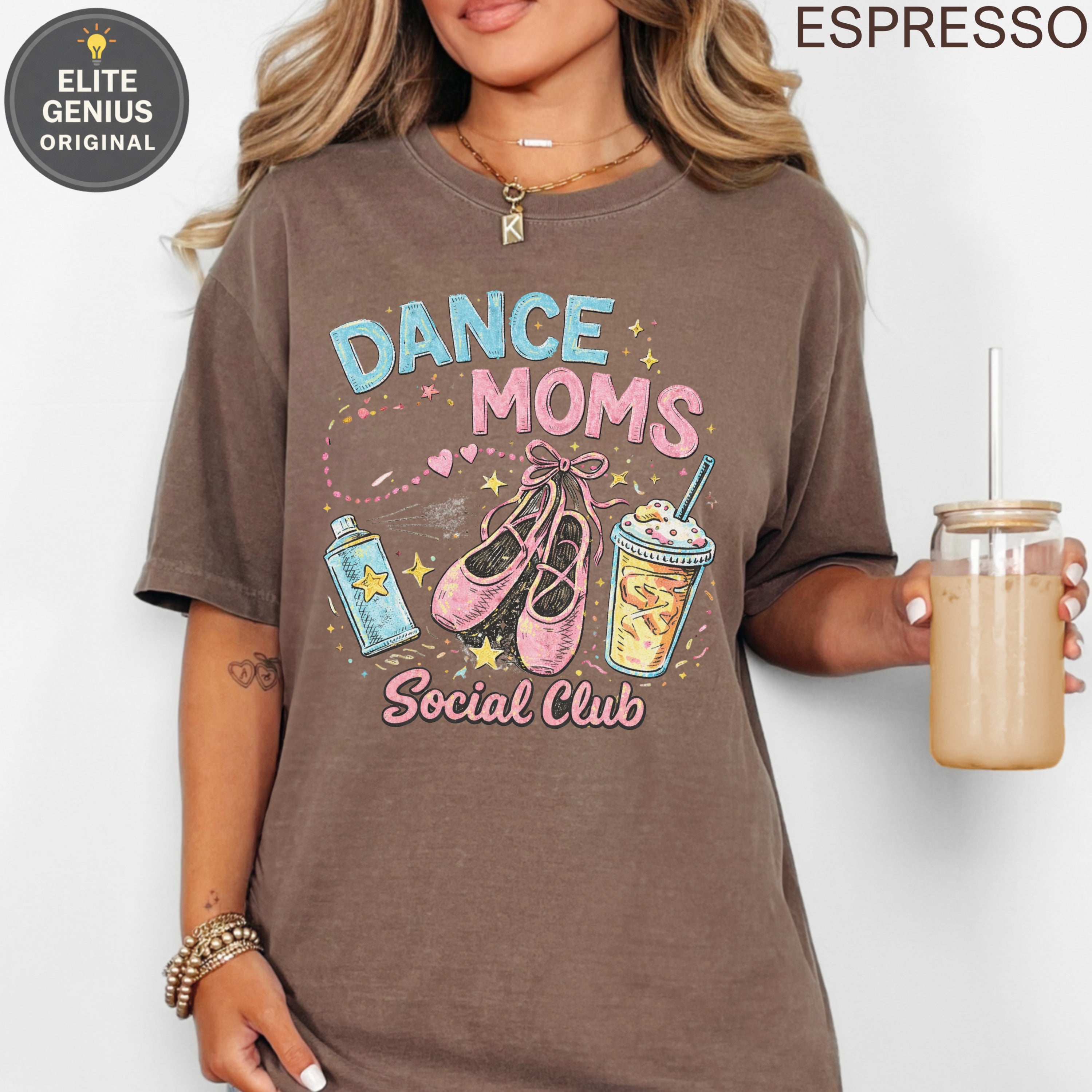 T-shirt graphic with "Dance Moms Social Club" text, ballet slippers, and a drink.
