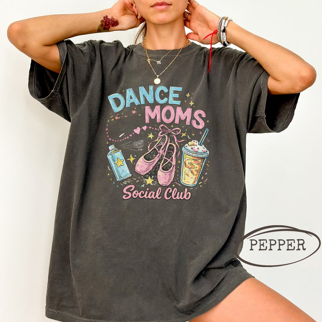 Dance Moms Social Club graphic tee with ballet slippers and drinks.