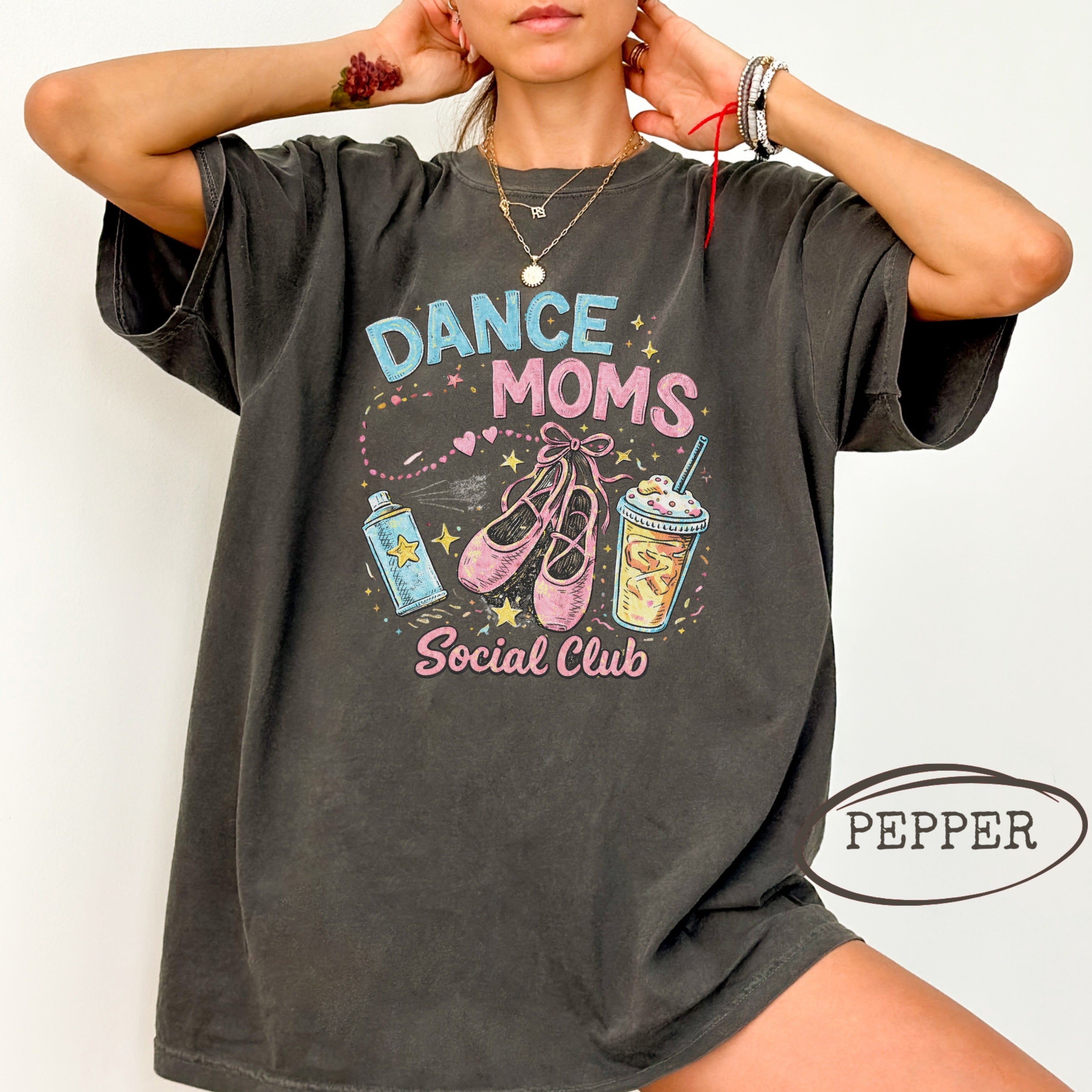 Dance Moms Social Club graphic tee with ballet slippers and drinks.