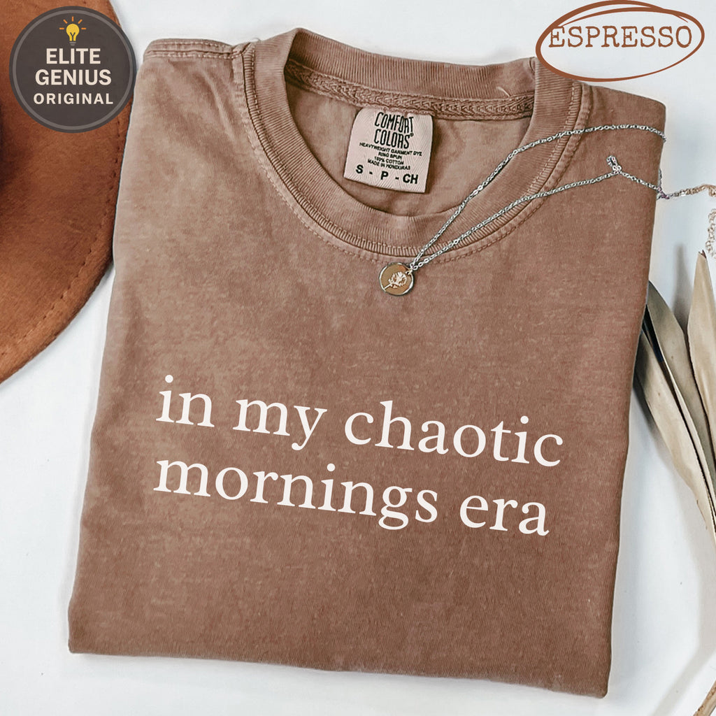 Brown Comfort Colors t-shirt with "in my chaotic mornings era" text.