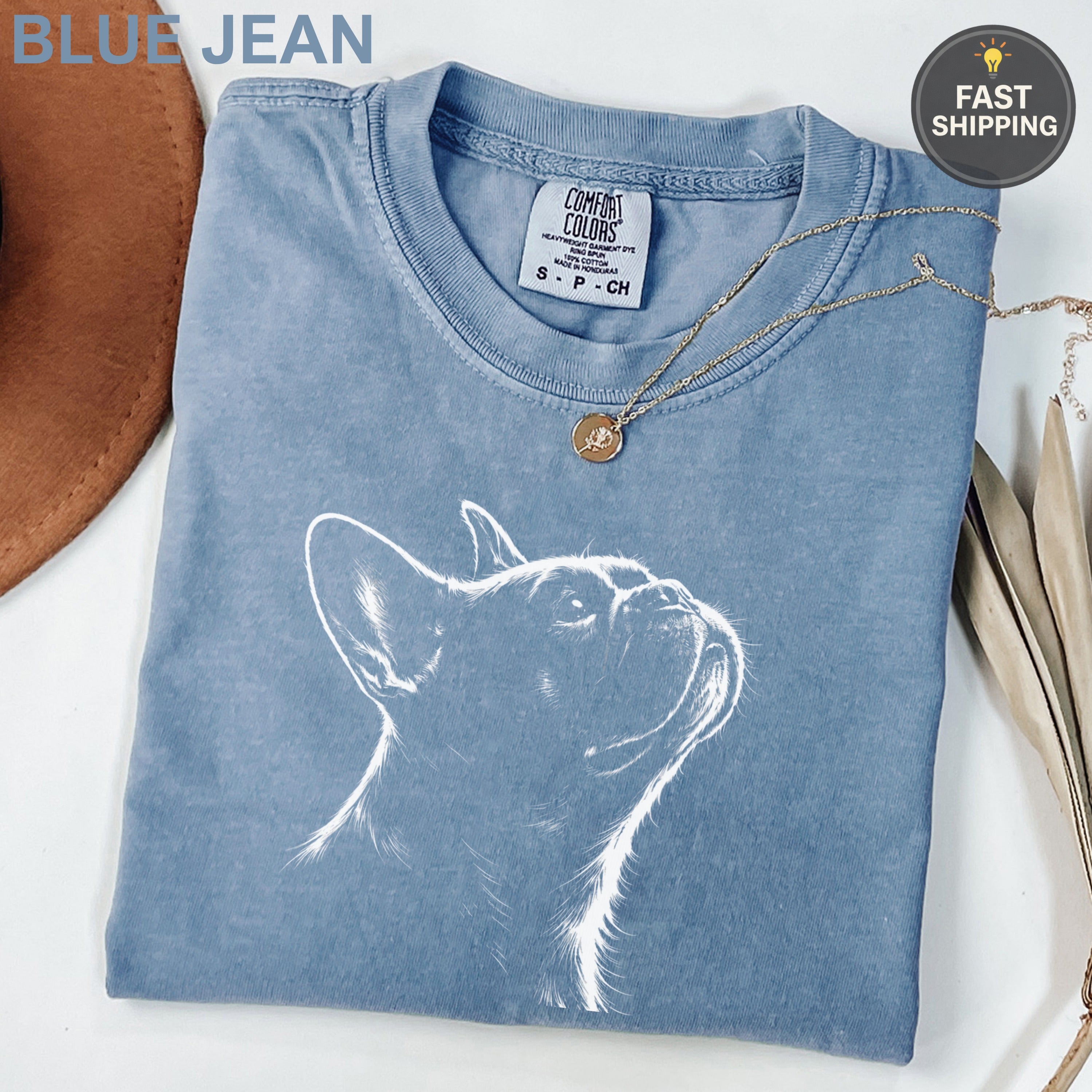 Blue t-shirt with white French bulldog graphic and Comfort Colors logo.