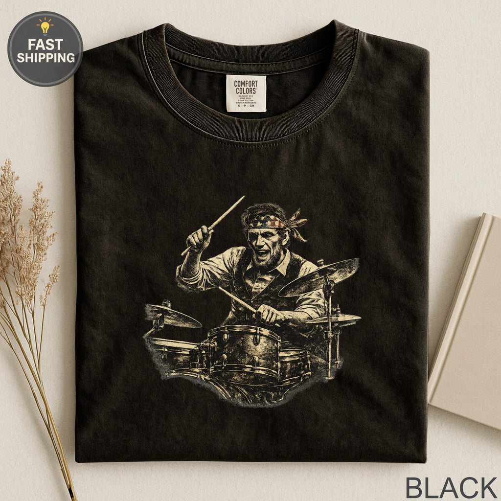 Black t-shirt with graphic of a man playing drums and "FAST SHIPPING" text.
