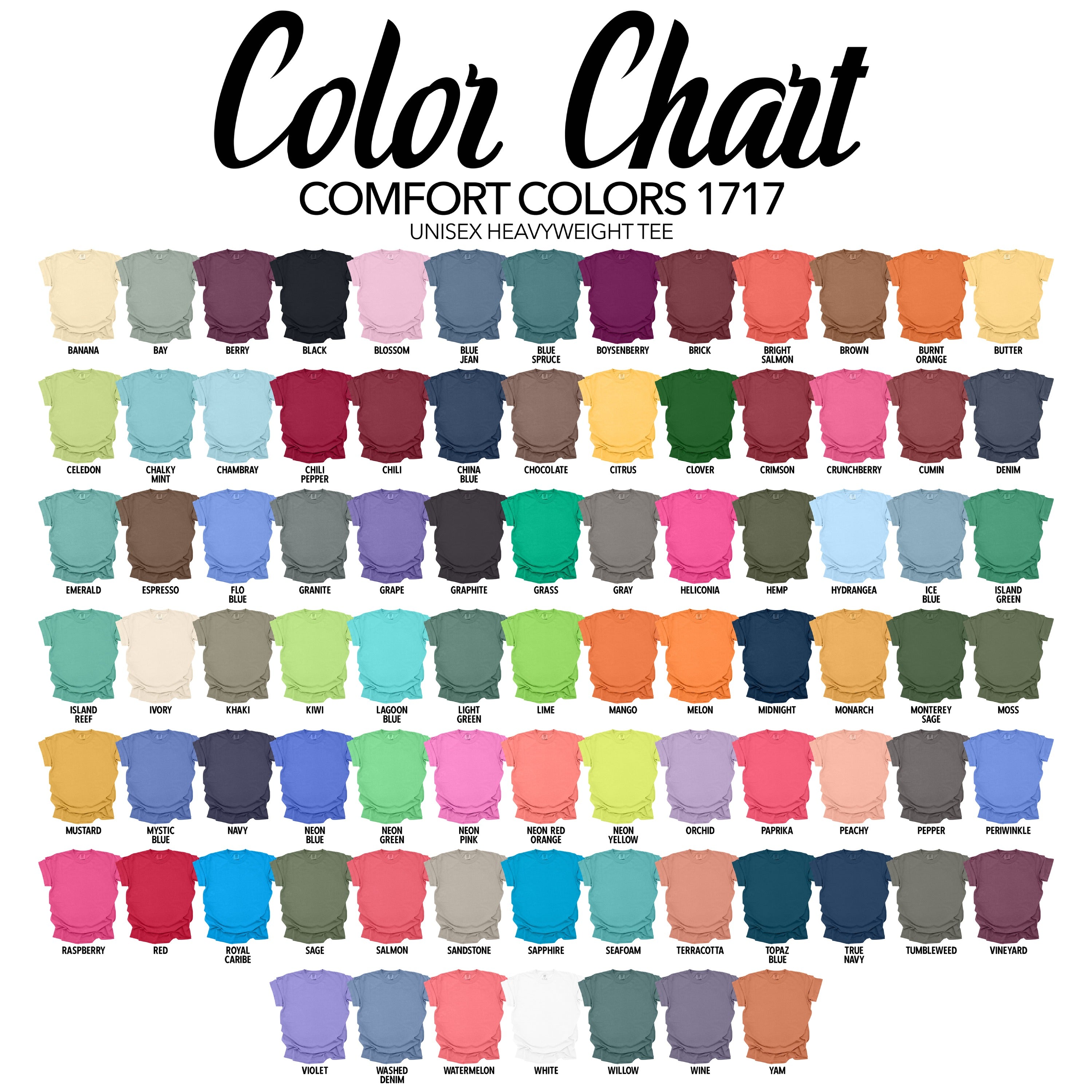 Comfort Colors 1717 unisex heavyweight t-shirt color chart.
