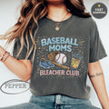 Baseball Moms Bleacher Club graphic tee with baseball, glove, and drink.