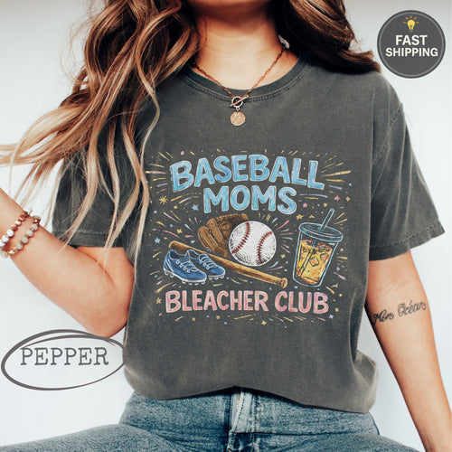 Baseball Moms Bleacher Club graphic tee with baseball, glove, and drink.