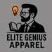 Logo for Elite Genius Apparel featuring a man with glasses and a beard reading a book, with a light bulb icon above him on a gray background.