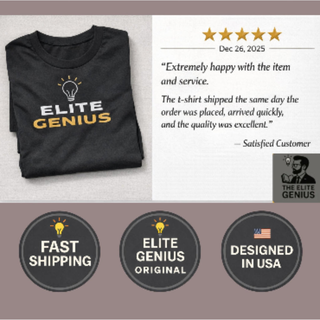 Black "Elite Genius" t-shirt with fast shipping and designed in USA icons.