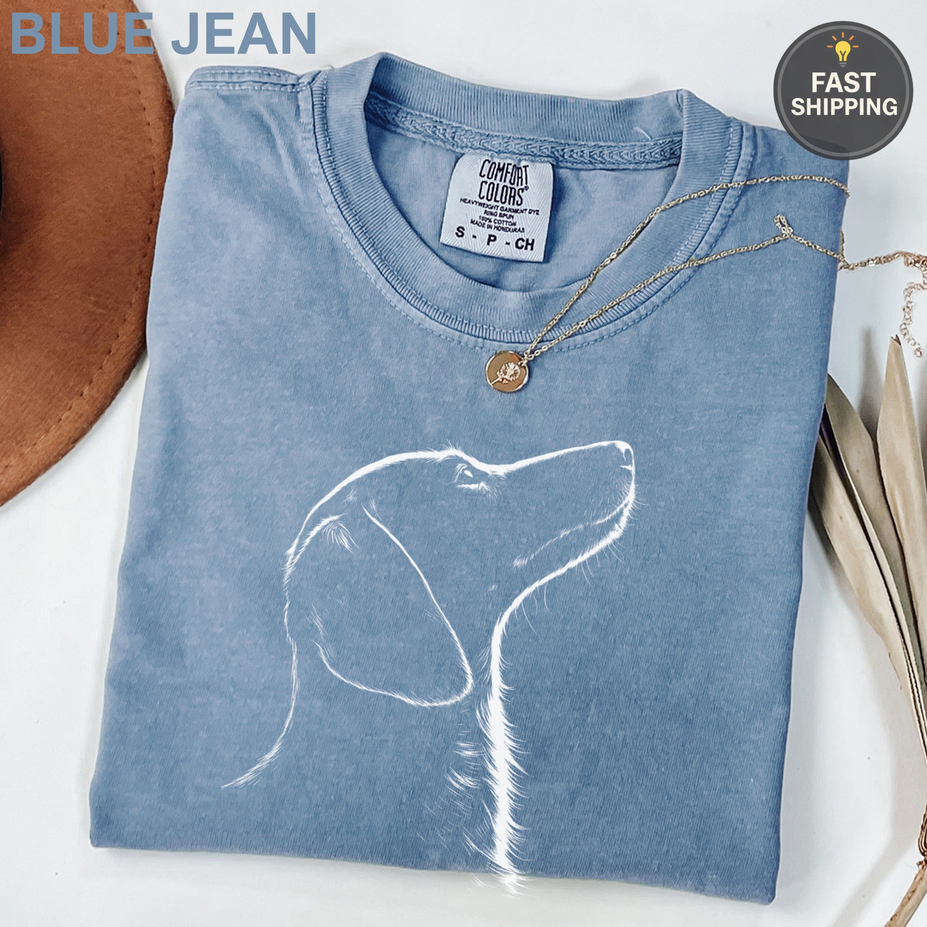 Blue Jean Comfort Colors t-shirt with a white dog outline.