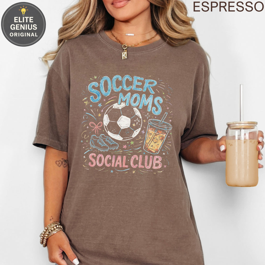 Brown t-shirt with "Soccer Moms Social Club" and soccer graphic.