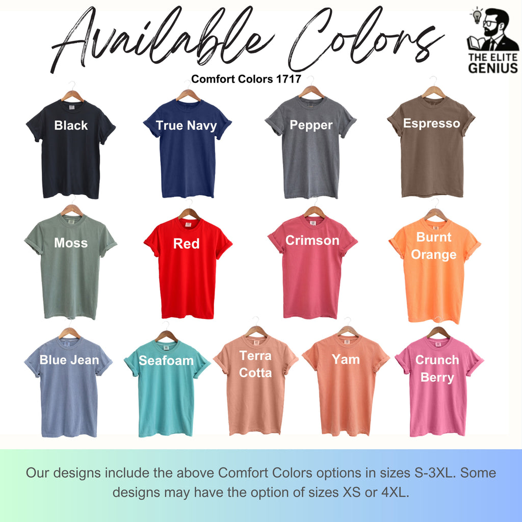 Comfort Colors 1717 t-shirt color swatches including Black, Red, and Burnt Orange.