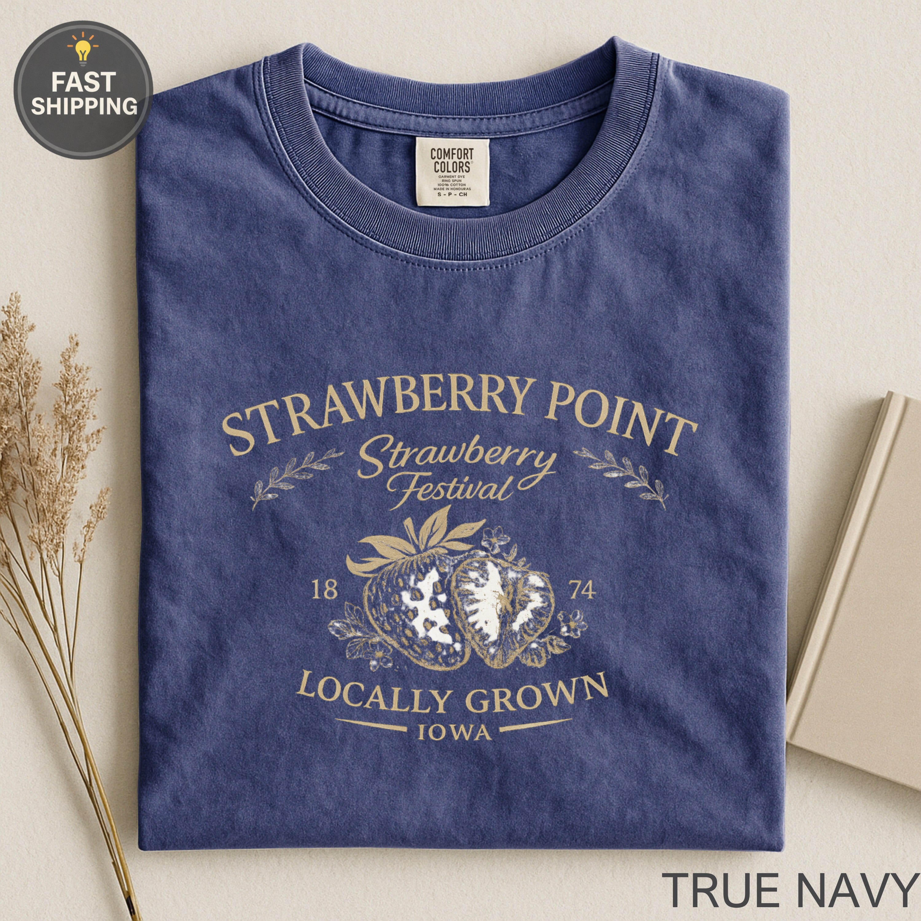 Navy t-shirt with "Strawberry Point Strawberry Festival" graphic and distressed strawberries.