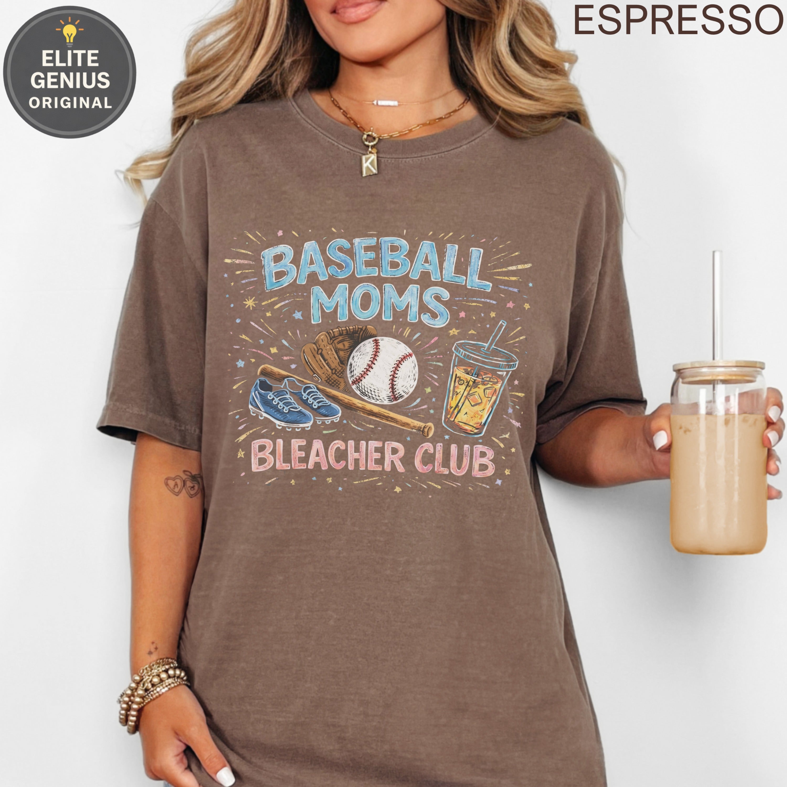 Baseball Moms Bleacher Club graphic on brown t-shirt with baseball and drink.