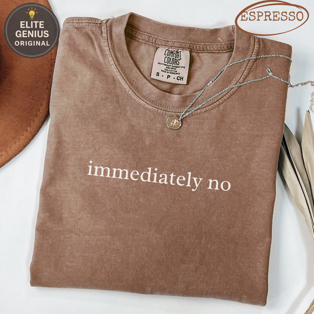 Brown Comfort Colors t-shirt with "immediately no" graphic and silver necklace.