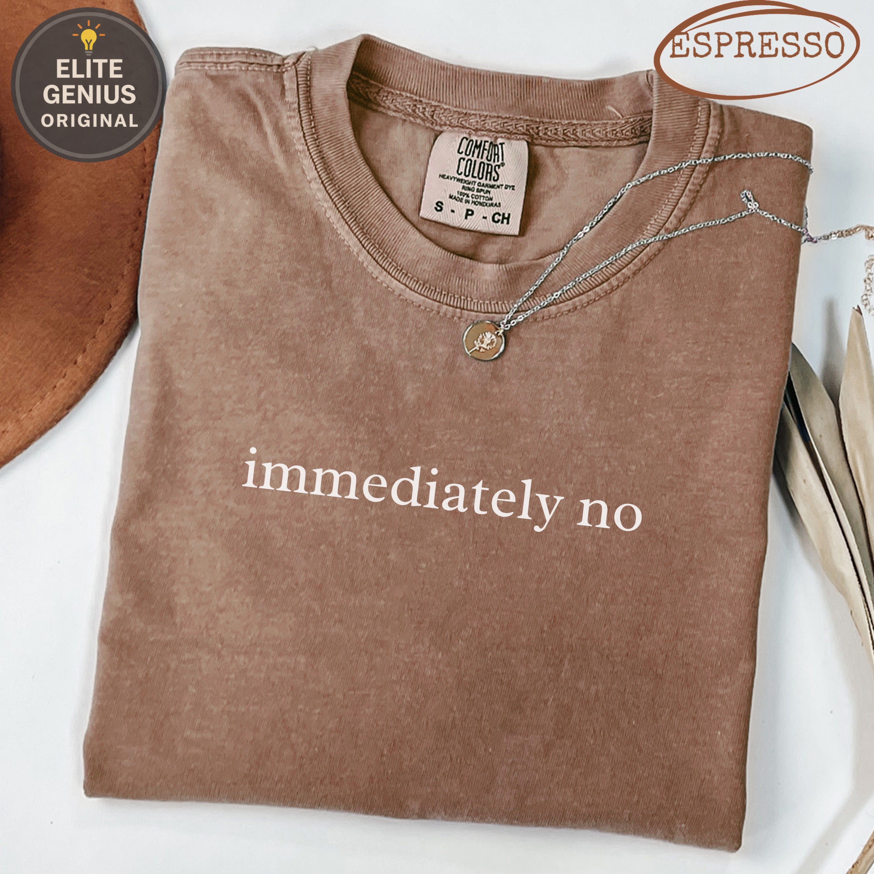 Brown Comfort Colors t-shirt with "immediately no" graphic and silver necklace.