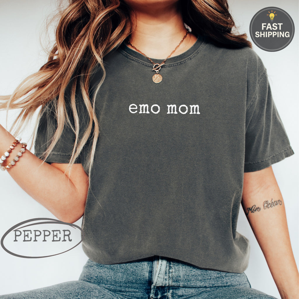 Dark gray t-shirt with "emo mom" text and "pepper" logo.