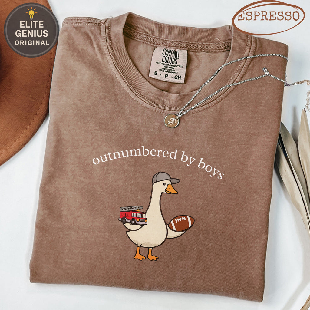 Brown t-shirt with duck holding football and fire truck, text "outnumbered by boys".