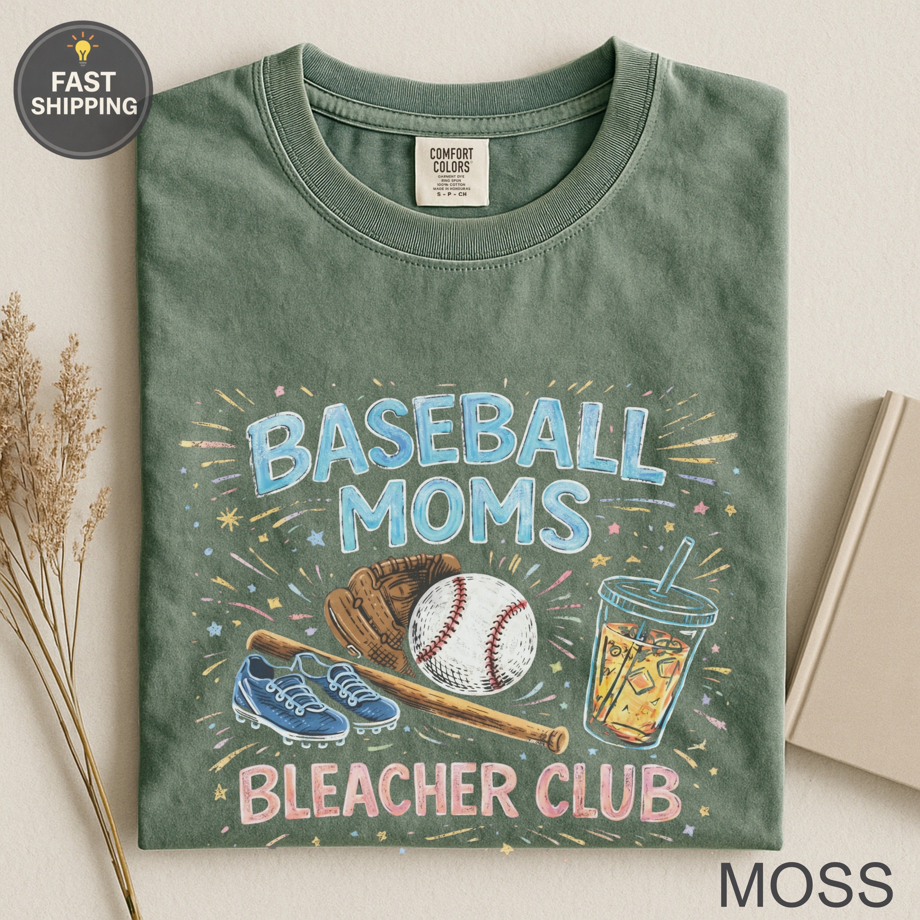 Green t-shirt with "Baseball Moms Bleacher Club" graphic and baseball items.