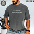 Charcoal t-shirt with "coffee and over/unders" and "PEPPER" text.